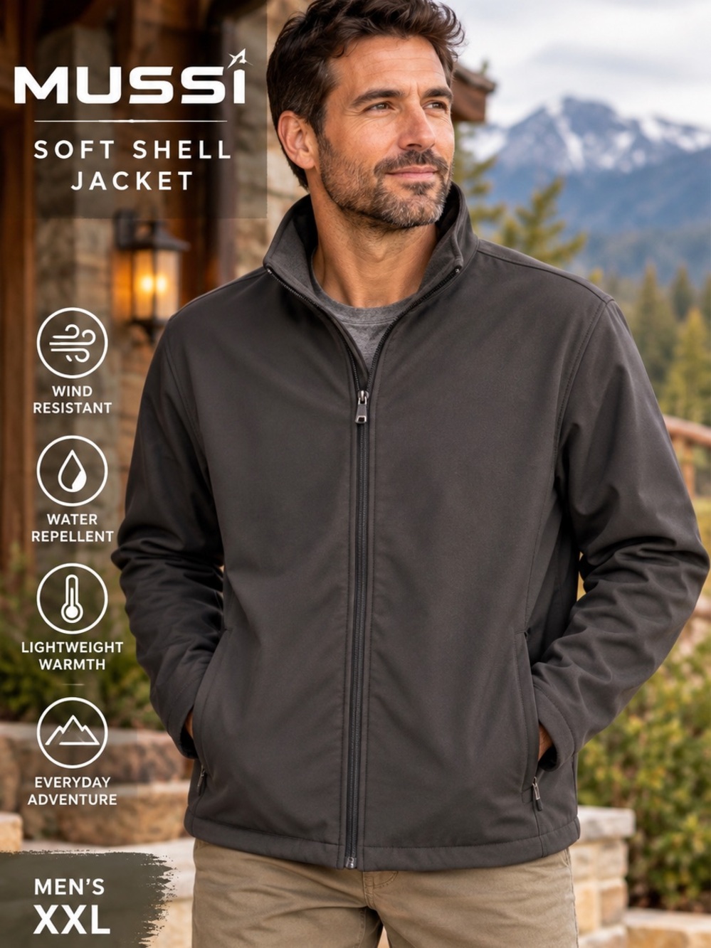 MUSSI Men’s XXL Soft Shell Jacket Charcoal Black Fleece Lined Full Zip